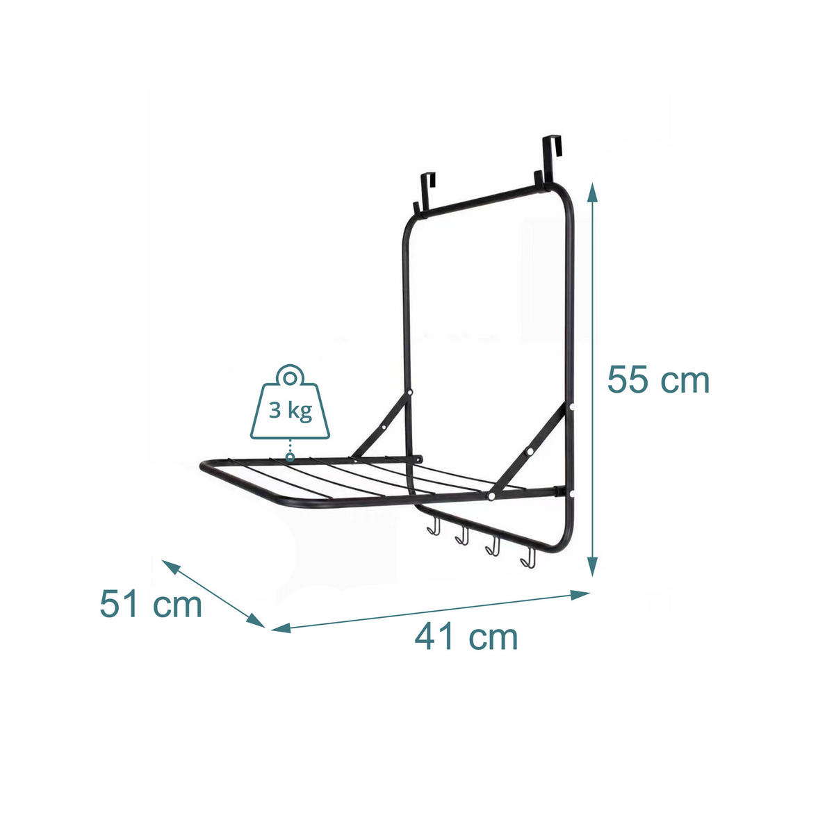 SUŠIAK Čierny na dvere na zavesenie skladací 4 háčiky 55 cm - čierna, kov/plast (51/55/41cm) - Relaxdays