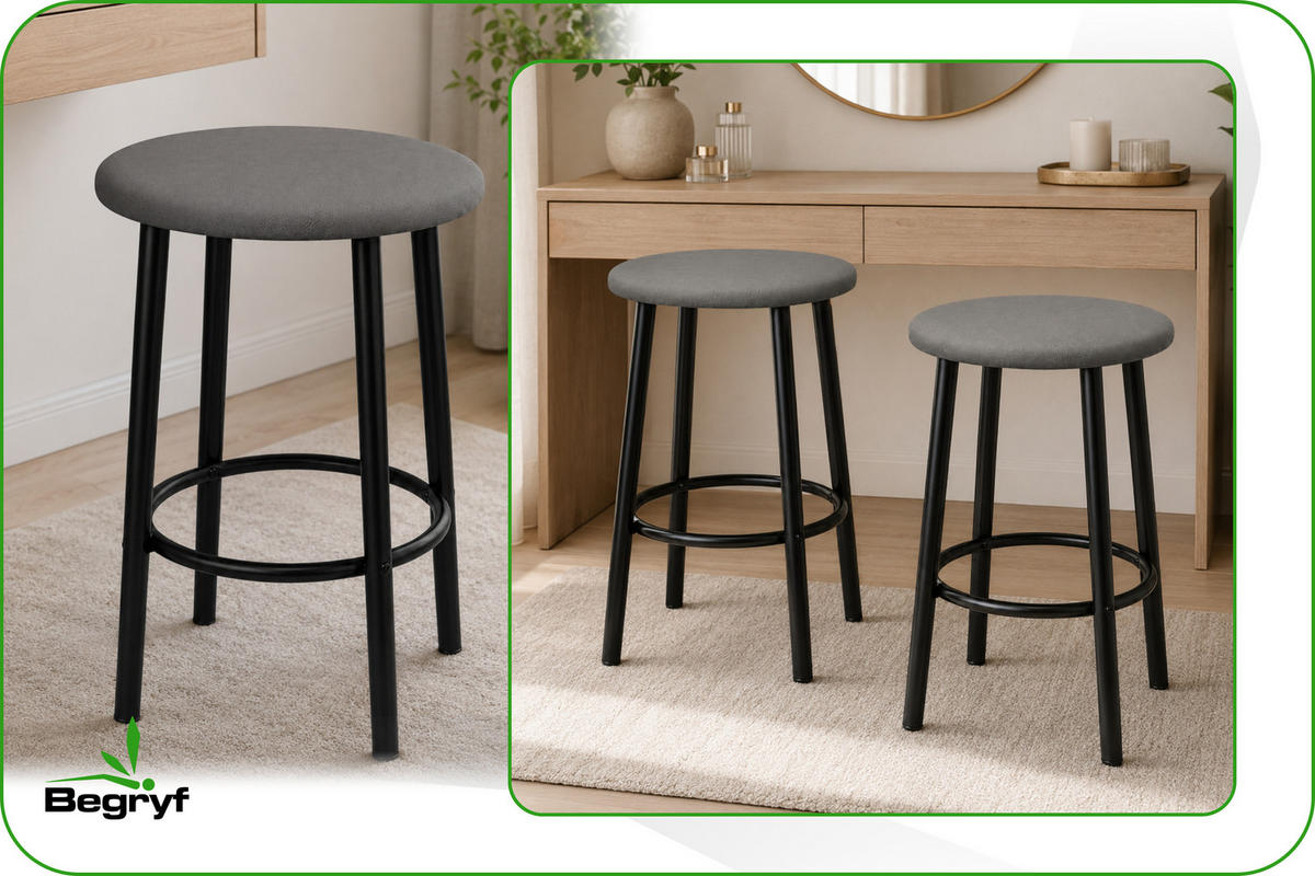 BARHOCKER 2er Set Kunstleder Metall Grau schwarz rund 35x35x48 cm - Schwarz/Grau, Metall (35/48/35cm) - Begryf