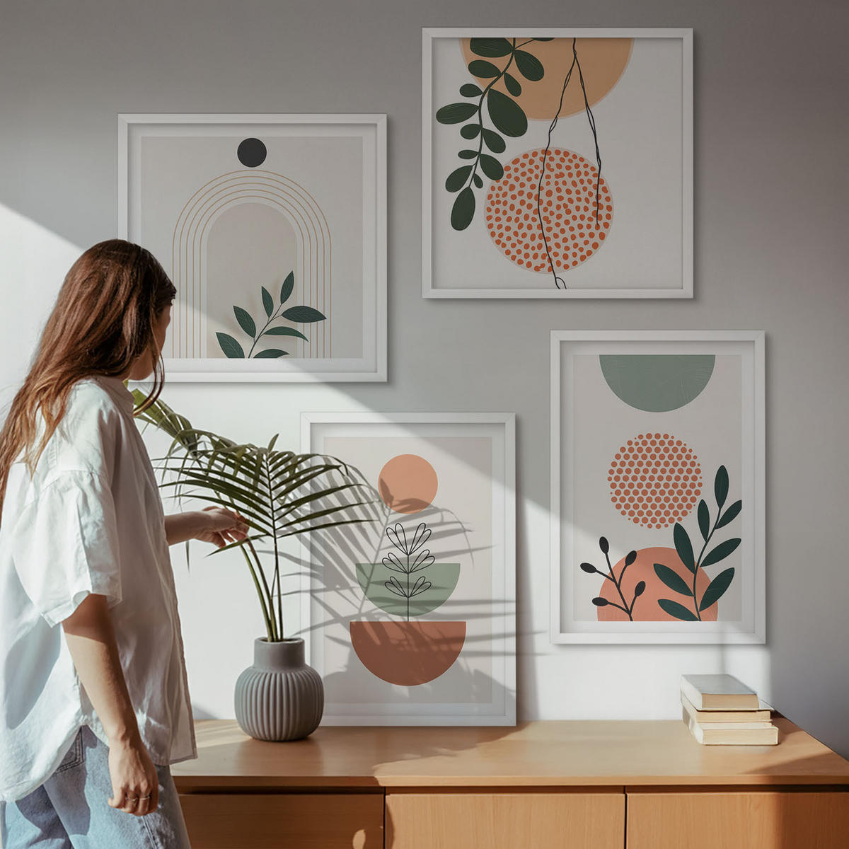 BILDER SET 4er Set - 50x50 cm & 40x60 cm Weißer Rahmen - Moderne Pflanzenmotive - Weiß, Kunststoff (50/50cm) - TULUP