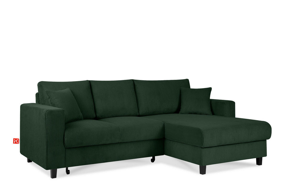 ECKSCHLAFSOFA EGRET Rechts mit Bettkasten, Cord-Stoff, dunkelgrün - Dunkelgrün, Textil (234/90cm) - KONSIMO®