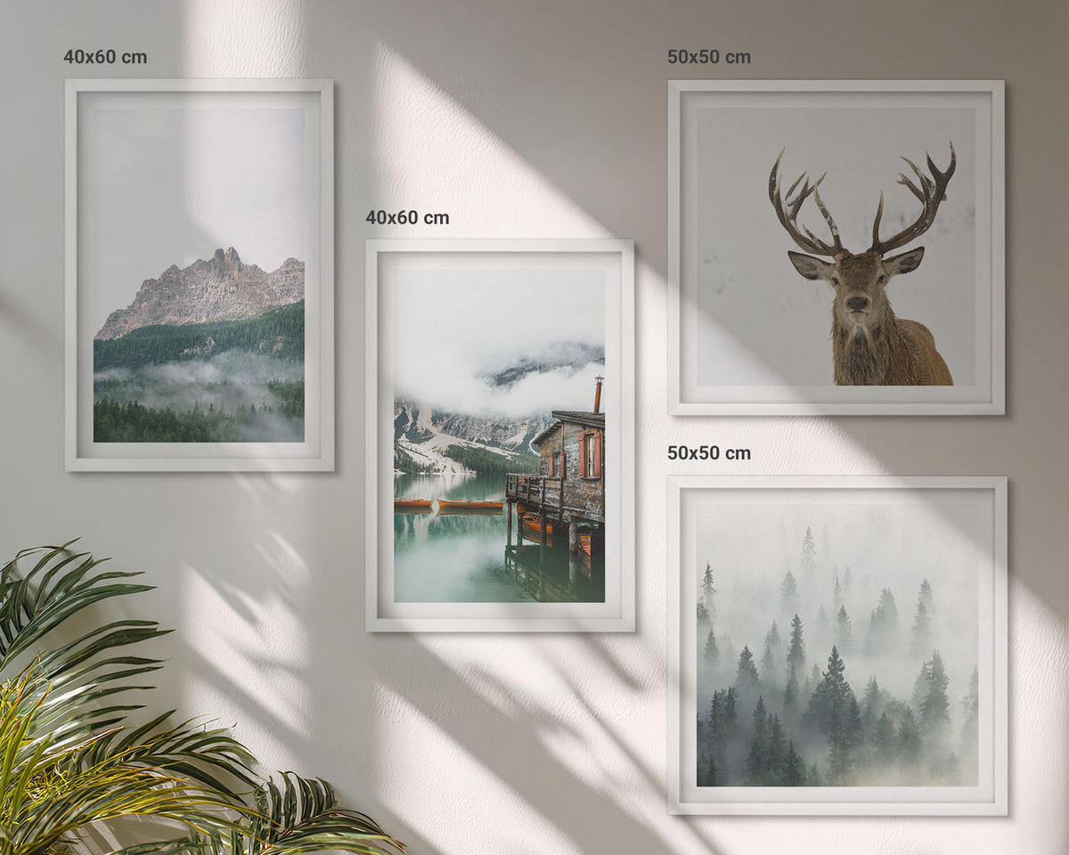 BILDER SET 4er Set - 50x50 cm & 40x60 cm Weißer Rahmen - Berge, See, Hirsche, Hütte, Nebel - Weiß, Kunststoff (50/50cm) - TULUP