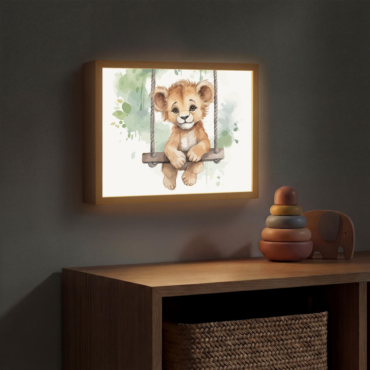 NACHTTISCHLAMPE MIT AKKU Löwe - Tier - Kinder - Dschungel 40x30 cm - Weiß, Holzwerkstoff (8/40/30cm) - OnlyWow