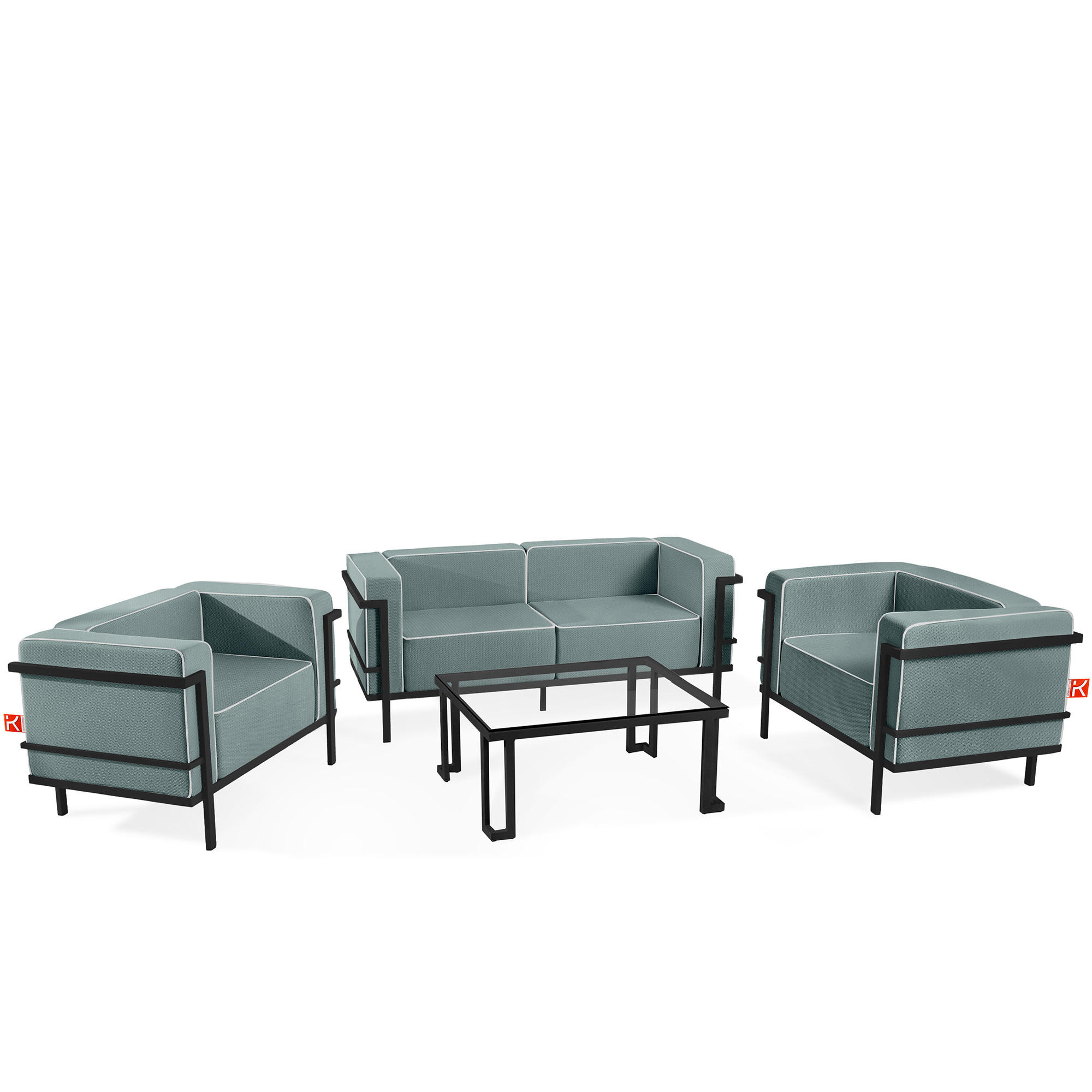 GARTENLOUNGE-SET TRIGLO 4-tlg., 1x Tisch, 2x Sessel, 1x Sofa 2-Sitzer, Modern, Dunkelgrau - Dunkelgrün/Dunkelgrau, Glas/Textil - KONSIMO®