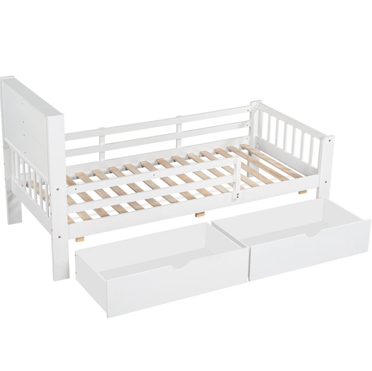 KINDEREINZELBETTEN aus Massivholz und MDF 90x200 cm in Weiß mit Schubladen & Tafel - Weiß, Holzwerkstoff (90/200cm) - Modfu
