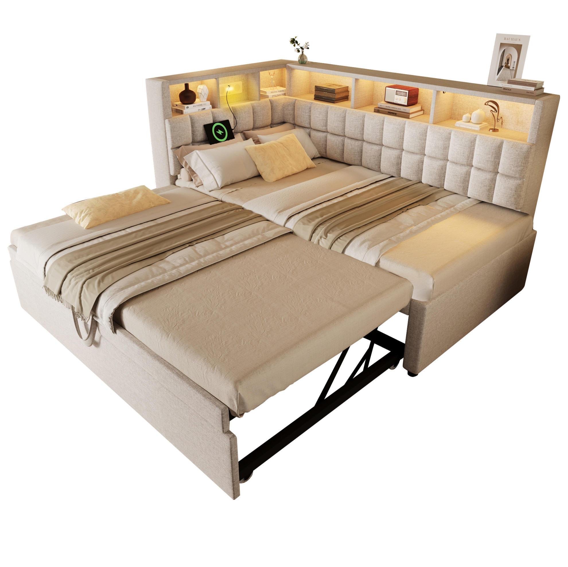POLSTERBETT 90/180x200 cm Beige mit LED-Beleuchtung und Bluetooth-Lautsprecher - Beige, Textil (90/200cm) - Flora Grace