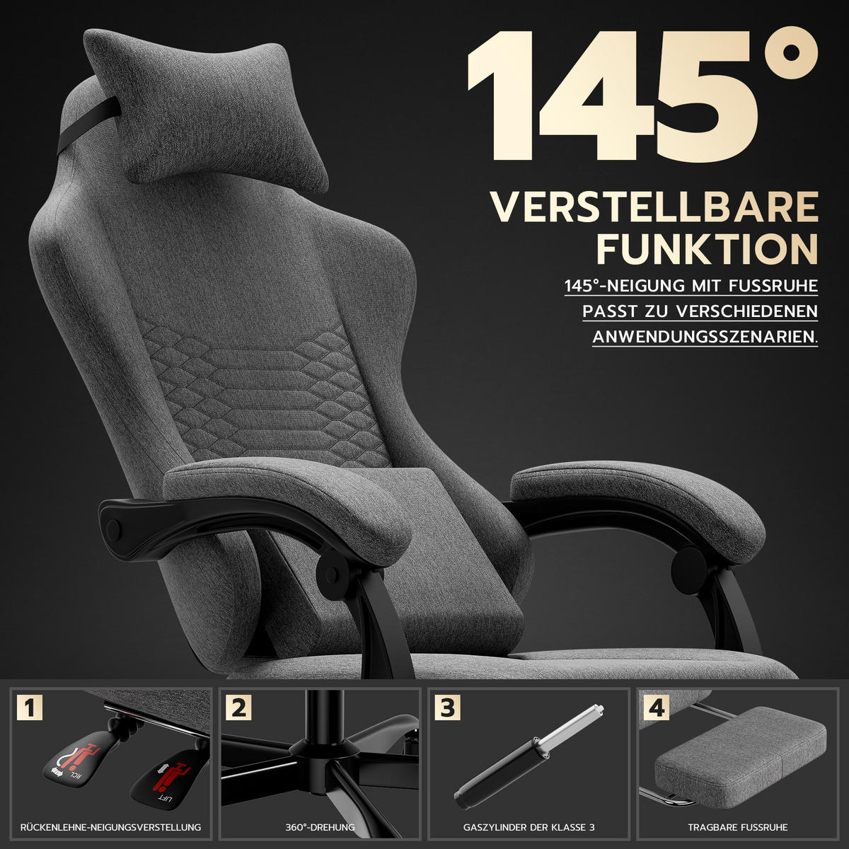 GAMINGSTUHL Hellgrau 58,5/63/120,5 cm - Hellgrau, Metall (58.5/120.5/63cm) - PANGIVO