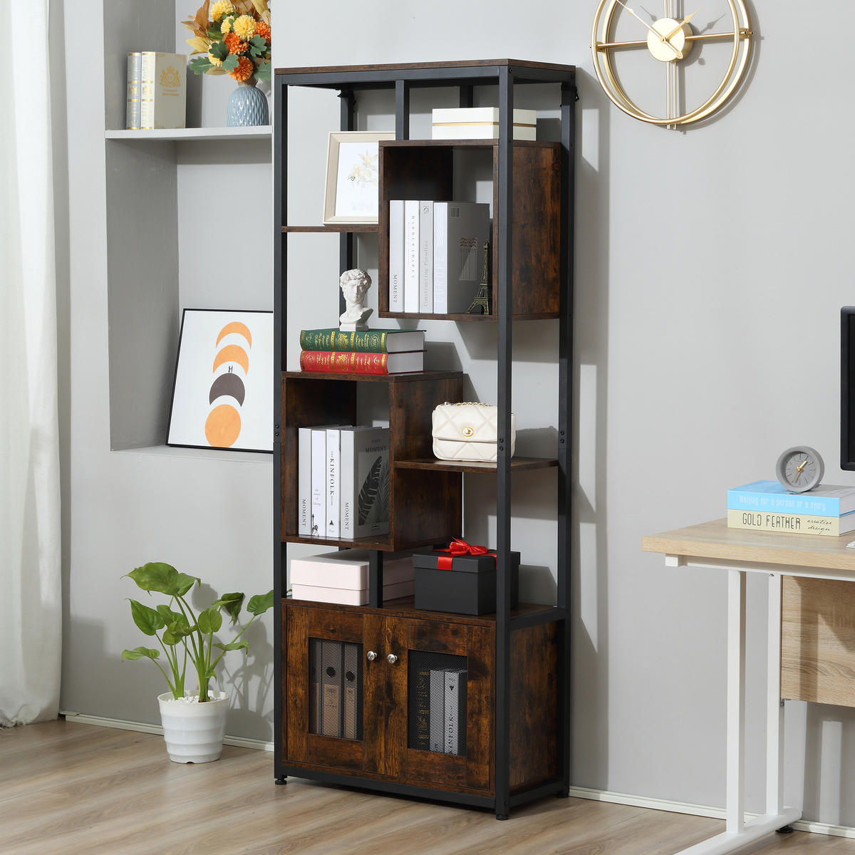 BÜCHERREGAL,INDUSTRIE 8-stöckig mit 2 Türen 70x30x180cm,braun - Braun, Holzwerkstoff (70/180/30cm) - Vallsero