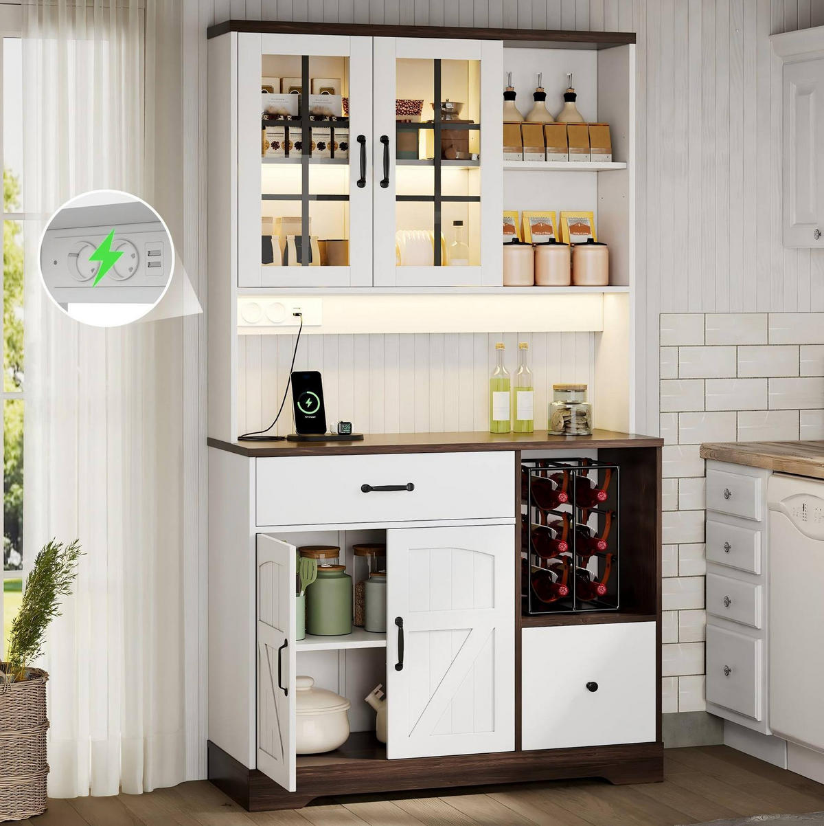 BUFFETSCHRANK 105/40/185 cm mit LED-Beleuchtung, Steckdosen, USB-Anschlüssen und verstellbaren Einlegeböden, Natur/Weiß - Naturfarben, Holzwerkstoff (105/185/40cm) - Redom