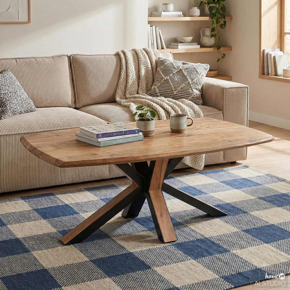 COUCHTISCH - Akazie massiv - 110 cm - Schwarz/Akaziefarben, Holz/Metall (70/110/45cm) - home24