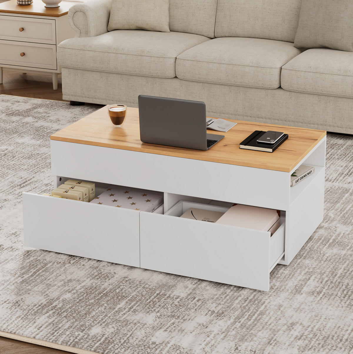 KONFERENČNÍ stolek 100/50/40 cm bílá z dřevotřísky se zvedací deskou a 2 zásuvkami - bílá, kompozitní dřevo (100/50/40cm) - OKWISH