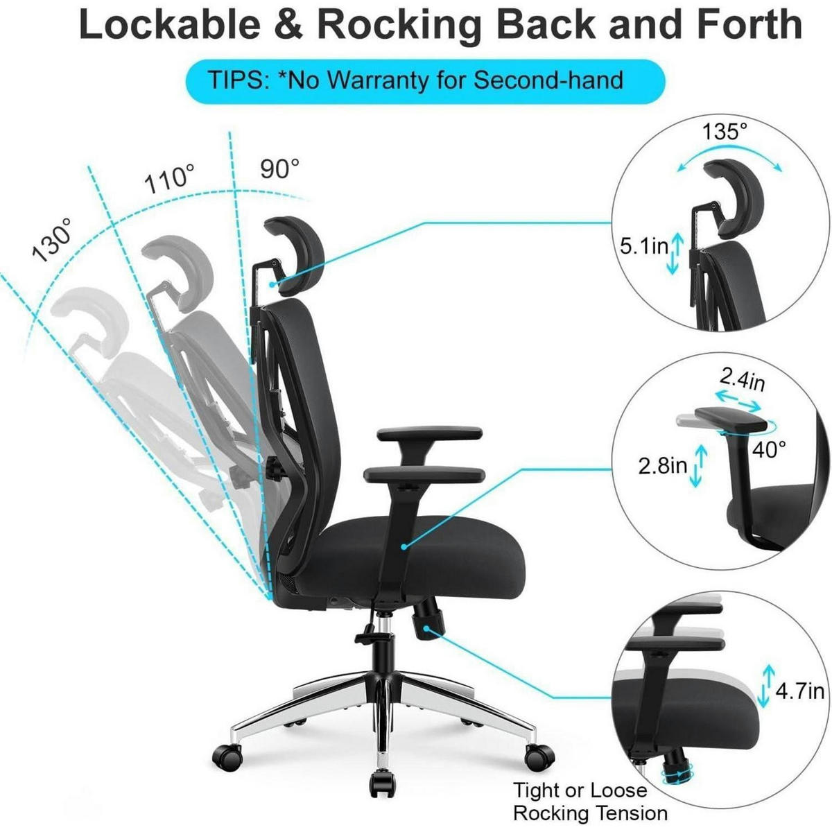 BÜROSTUHL Ergonomisch mit Lendenwirbelstütze und Kopfstütze - Schwarz, Kunststoff (25/53/69cm)