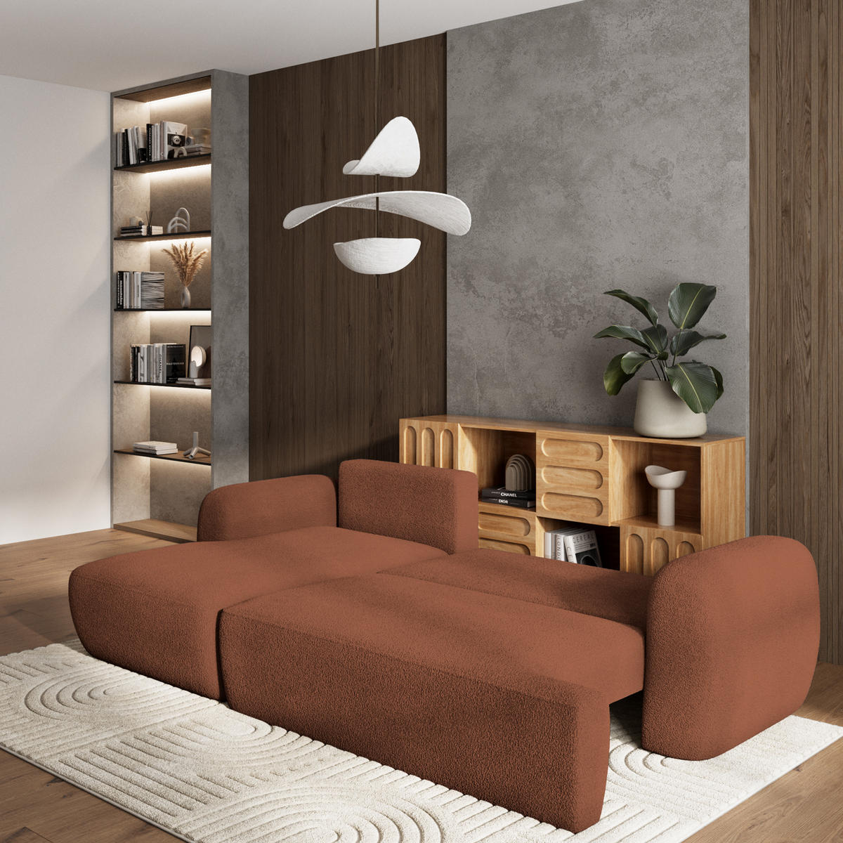 ECKSOFA MODENZA N L-S Orange Boucle-Stoff mit Schlaffunktion - Orange, Holz (266/148cm) - MASSENO