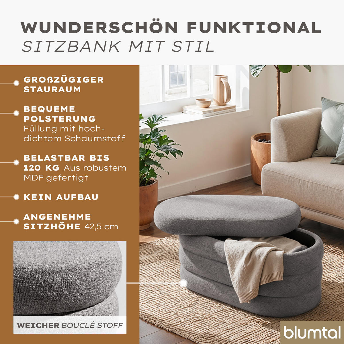 SITZBANK mit Stauraum Oval – Bouclé Sitztruhe Grau - Grau, Textil (42/42.5/76cm) - Blumtal
