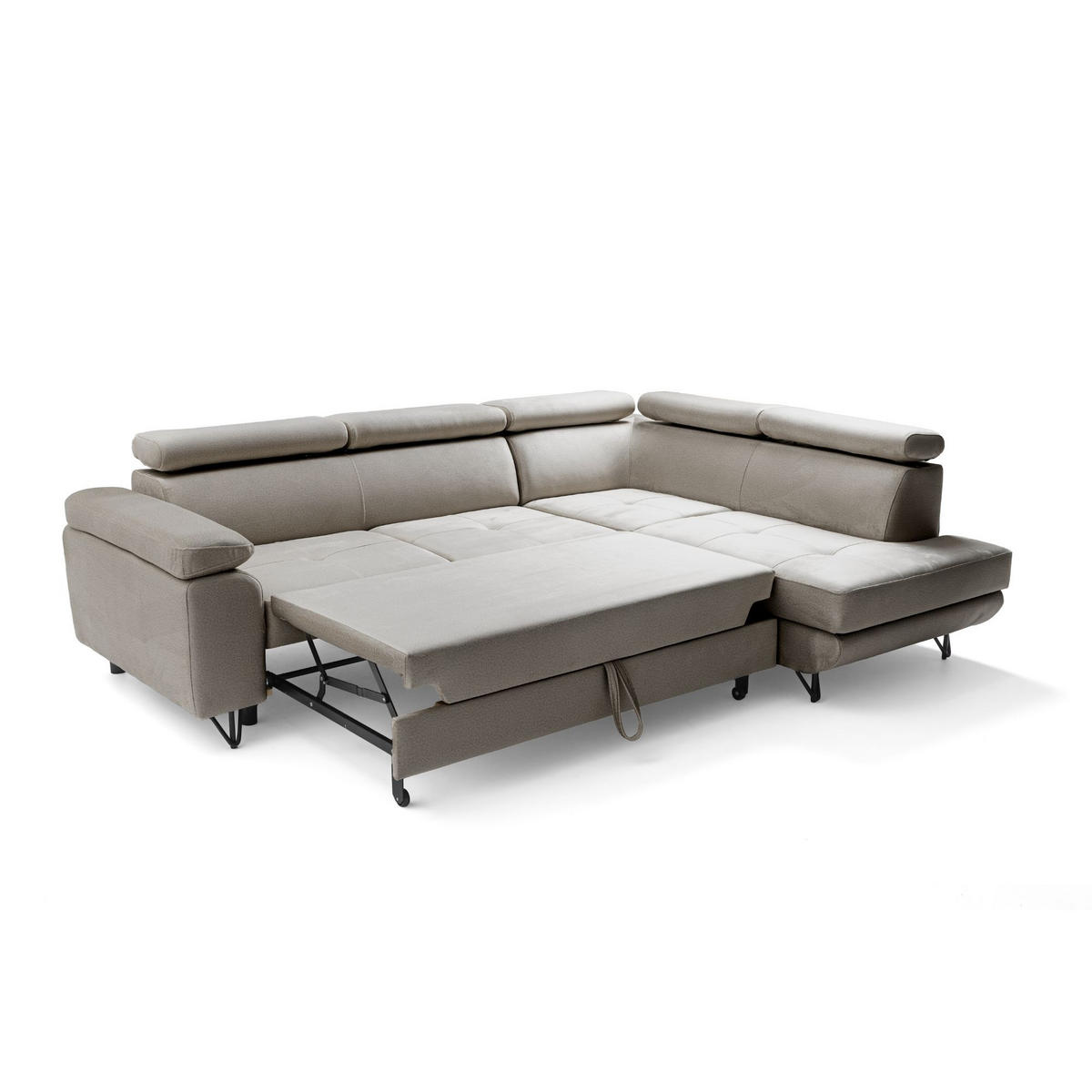 ECKSOFA JUNIOR L Rechts mit Schlaffunktion 194x128 Velours Beige - Beige/Schwarz, Holz/Textil (184/249cm) - Muffo