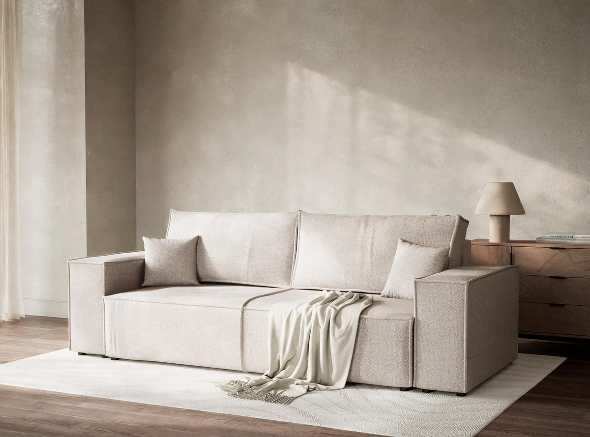 SOFA MIT SCHLAFFUNKTION Milos Hellbeige Webstoff - Beige/Schwarz, Holz/Holzwerkstoff (255/70/105cm) - Maison de Reve