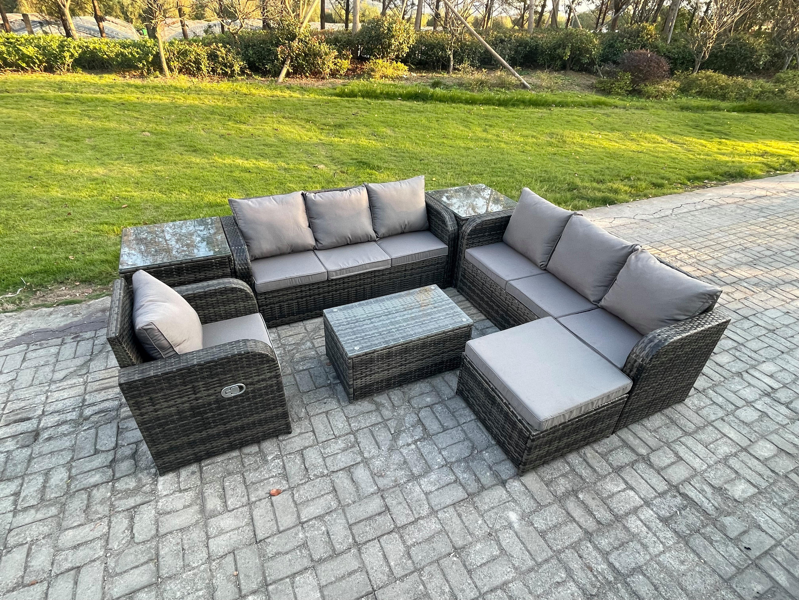 GARTENMÖBEL-SET mit Kissen Polyrattan Dunkelgrau 8-Sitzer - Dunkelgrau/Grau, Glas/Kunststoff - Fimous