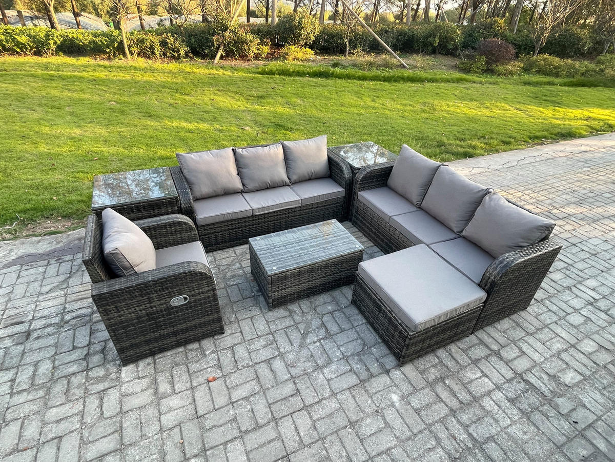 GARTENMÖBEL-SET mit Kissen Polyrattan Dunkelgrau 8-Sitzer - Dunkelgrau/Grau, Glas/Kunststoff - Fimous