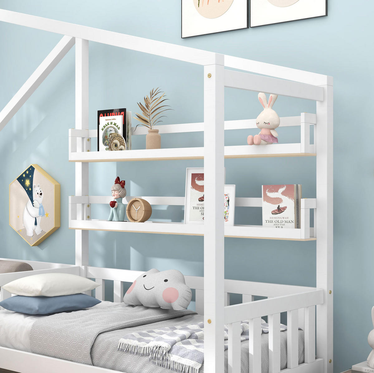 KINDERBETT 90/200 cm und 70/140 cm Hausbett L-Form mit Schubladen und Regalen, weiß, ohne Matratze - Weiß, Holz (90/200cm) - MIVRAY