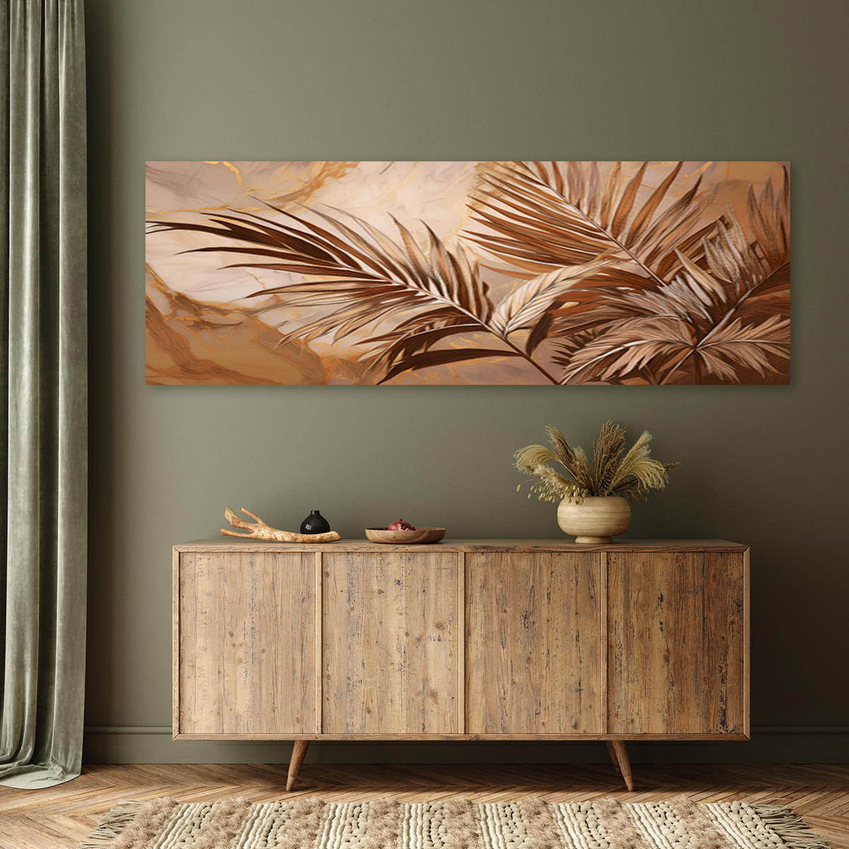 WANDBILD palmblätter sepia gold marmor - Beige, Textil (90/30cm) - Feeby