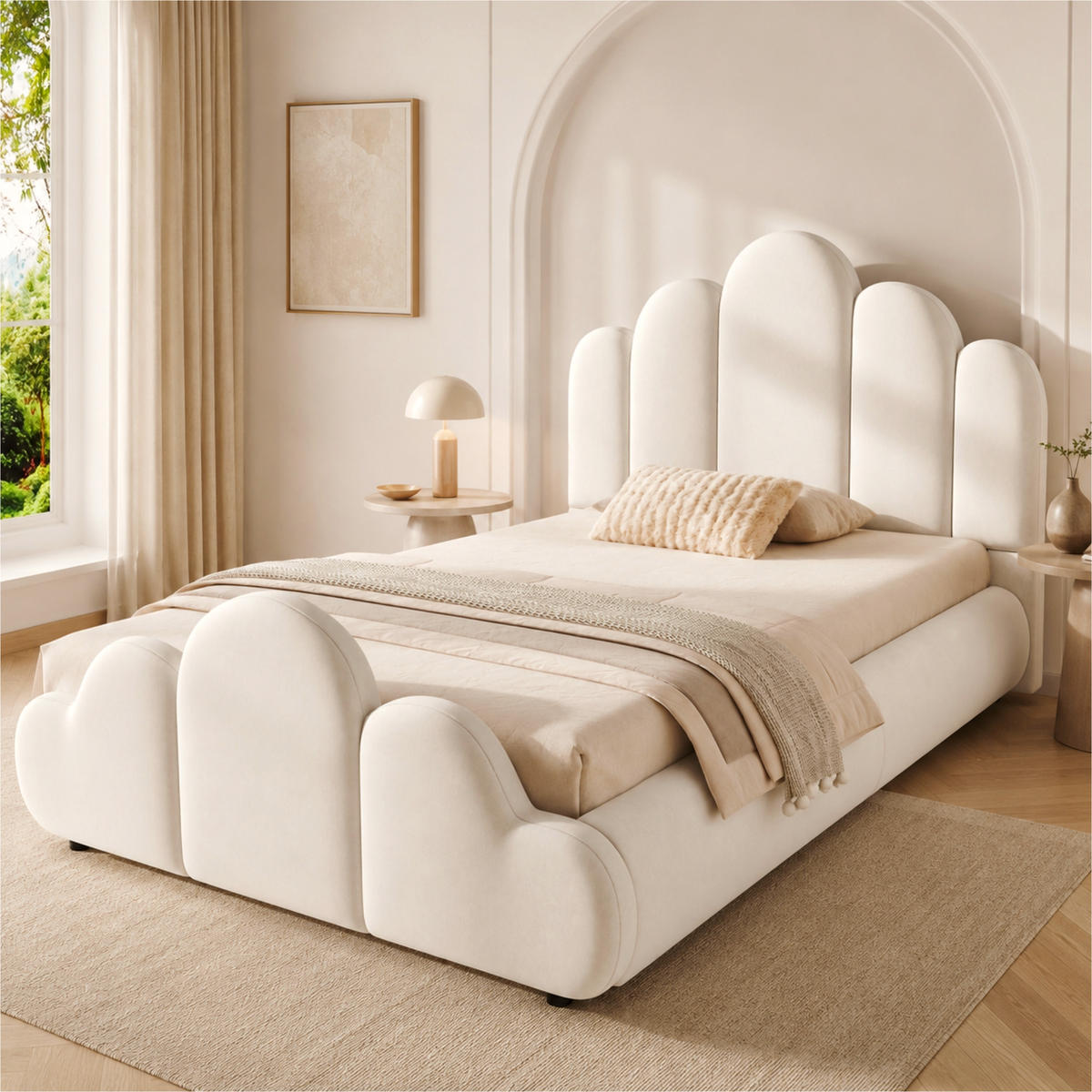 POLSTERBETT 90/200 cm in Beige mit Lattenrost, rundum abgerundeten Kanten und Wolken-Design aus Samt - Beige/Schwarz, Holzwerkstoff/Textil (90/200cm) - STILVORA