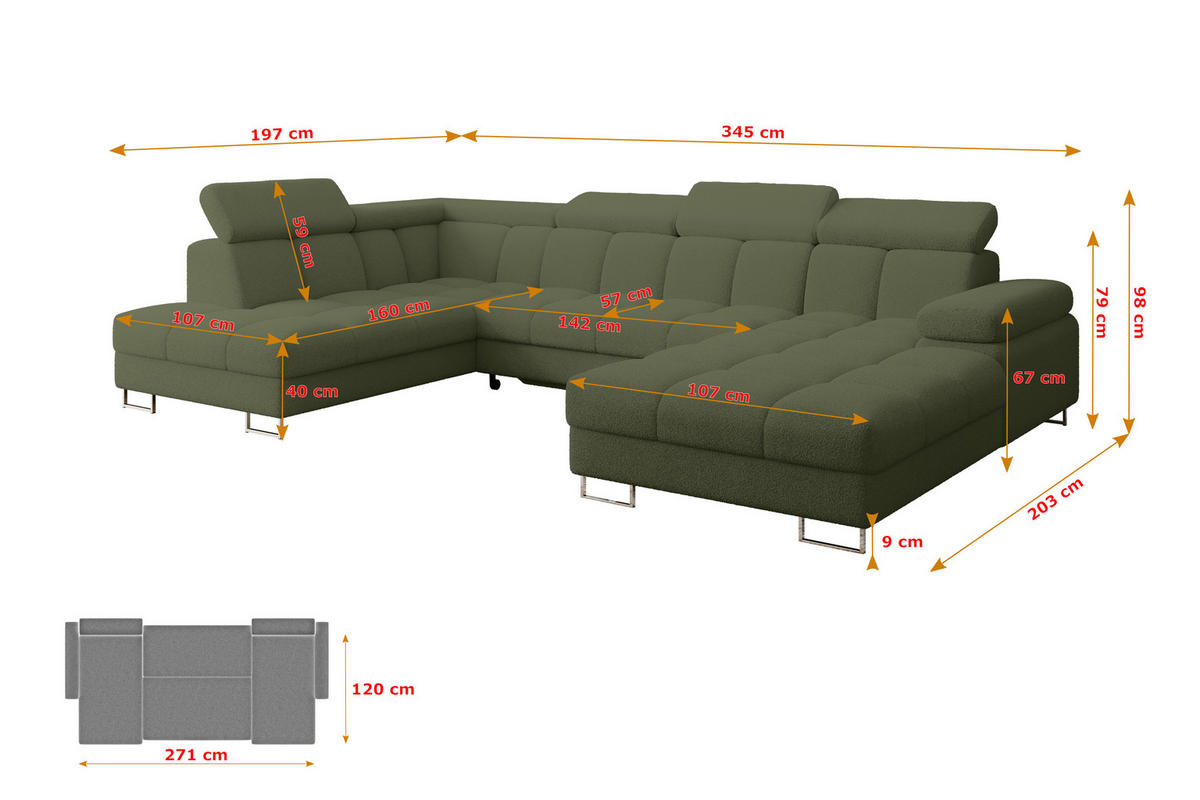 WOHNLANDSCHAFT mit Schlaffunktion und Bettkasten Ottomane Links COMA U 345x203x79 Grün Bouclé - Smaragdgrün, Holzwerkstoff/Textil (345/79/203cm) - ALTDECOR