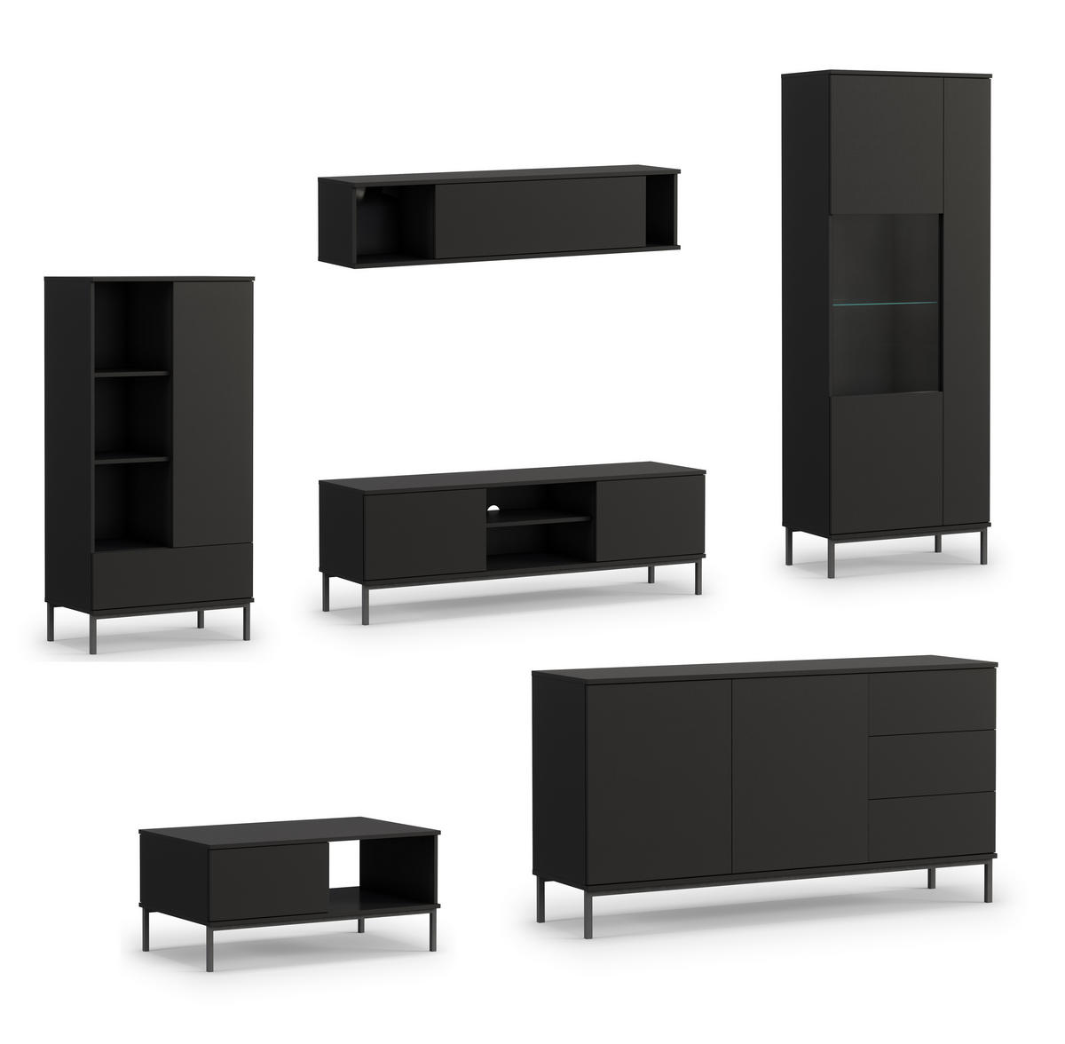 WOHNWAND Queba 2 Schwarz 440/190/60 cm Stilvolles Design Modern - Schwarz, Holzwerkstoff/Kunststoff (440/190/60cm) - AX Living