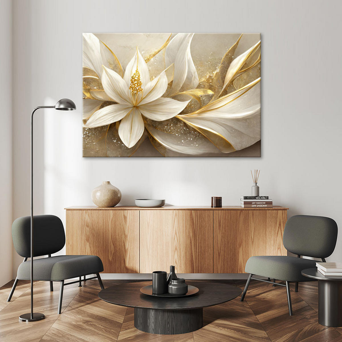 LEINWANDBILD Goldene Glamour-Blumen 3D - Goldfarben, Textil (100/70cm) - Feeby
