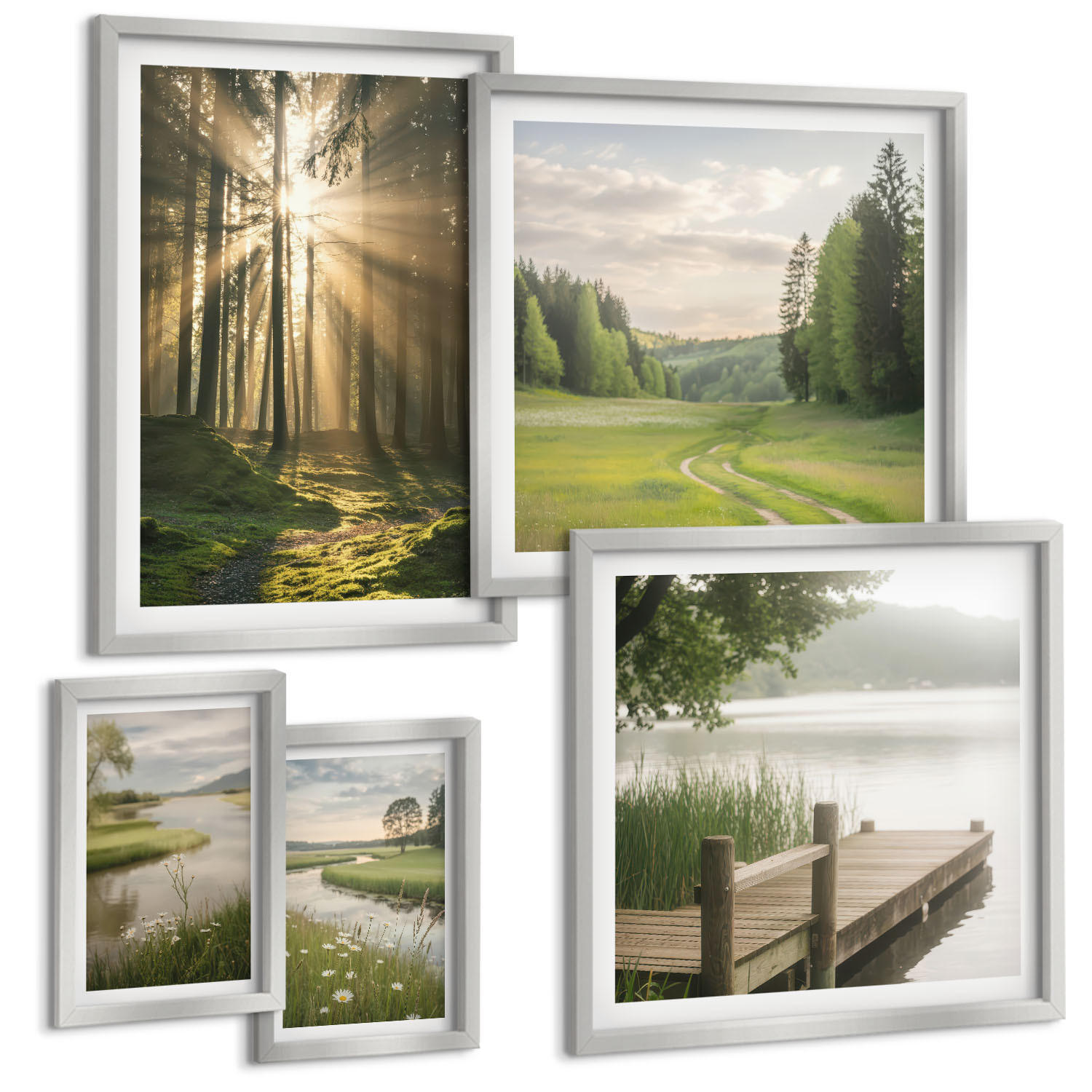 BILDER SET 5er Set - 50x50 cm & 20x30 cm & 40x60 cm Silberner Rahmen - Frühlingslandschaft Flusswiese - Silberfarben, Kunststoff (40/60cm) - TULUP