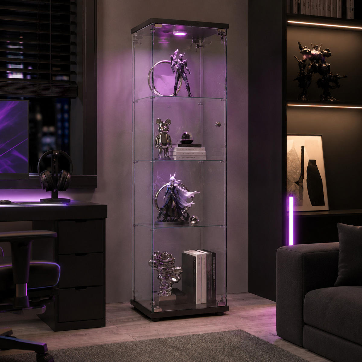 VITRINE,TRANSPARENT, 4-stufig, mit LED-Beleuchtung, schwarzer Rahmen, abschließbare Tür - Schwarz, Glas (42.5/164/36.5cm) - Joyfair