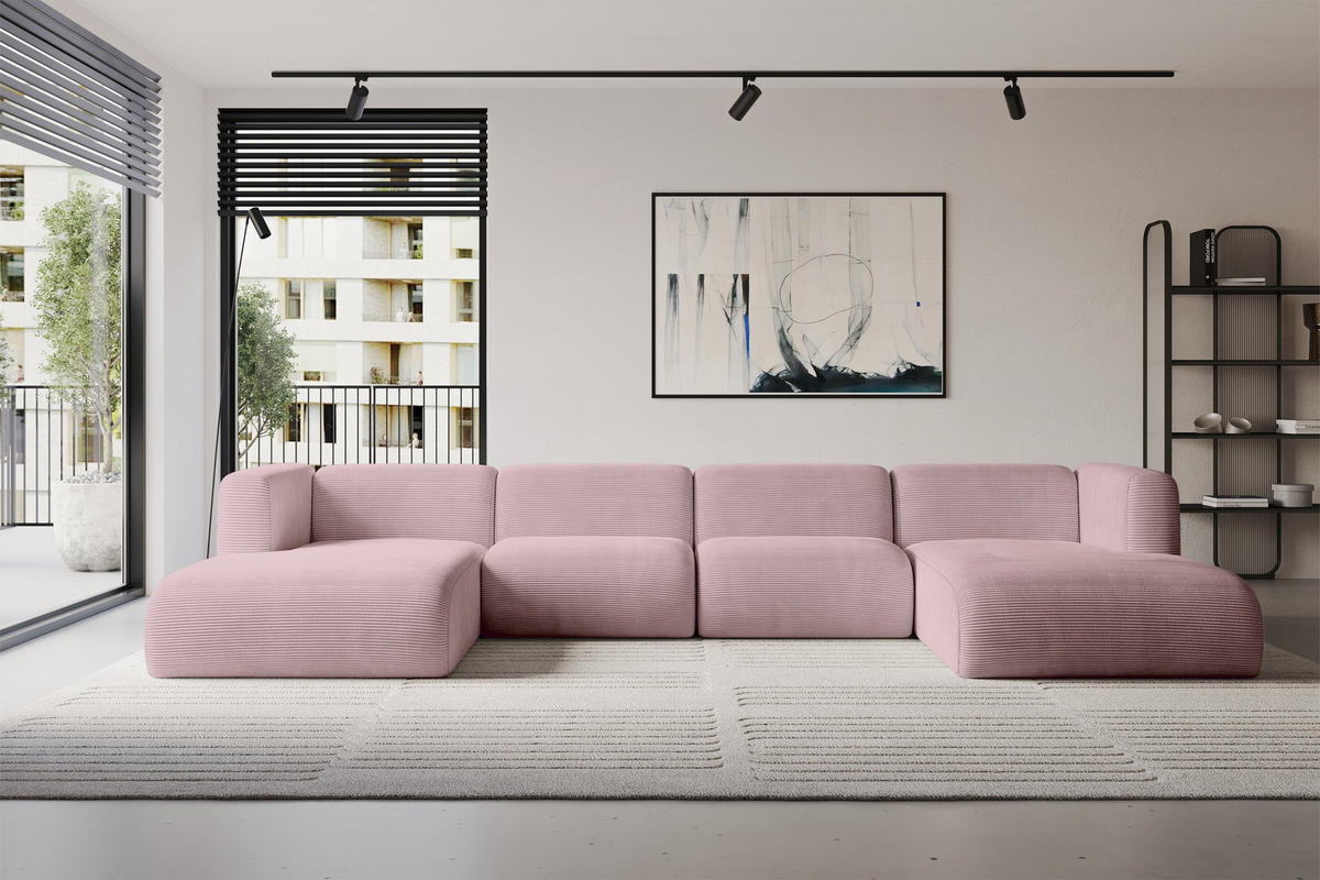 WOHNLANDSCHAFT MIRA-U2 408x179x70 Rosa Cord - Schwarz/Rosa, Holzwerkstoff/Kunststoff (408/70/179cm) - ALTDECOR