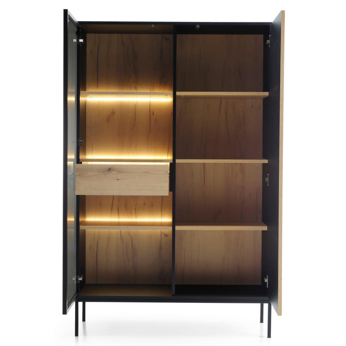 VITRINE Tosena Schwarz / Wotan Eiche mit Schublade und LED - Beige/Schwarz, Holzwerkstoff/Metall (103.5/145.5/39cm) - Selsey