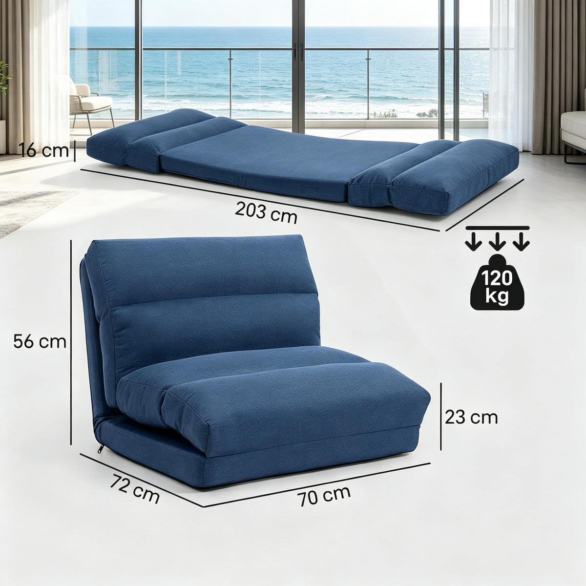 SCHLAFSESSEL DE-33491 5-fach verstellbar mit Bettfunktion Dunkelblau - Blau, Metall (70/56/72cm) - ComfortXL