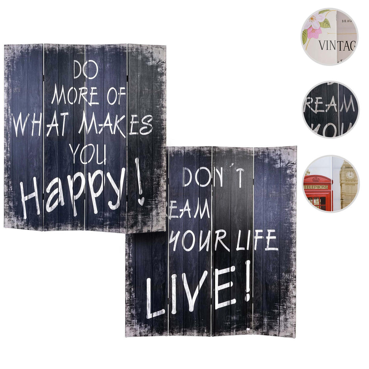 FOTO-PARAVENT RETRO Schwarz, Reinweiß - Schwarz/Weiß, Holz (160/180/2cm) - MCW