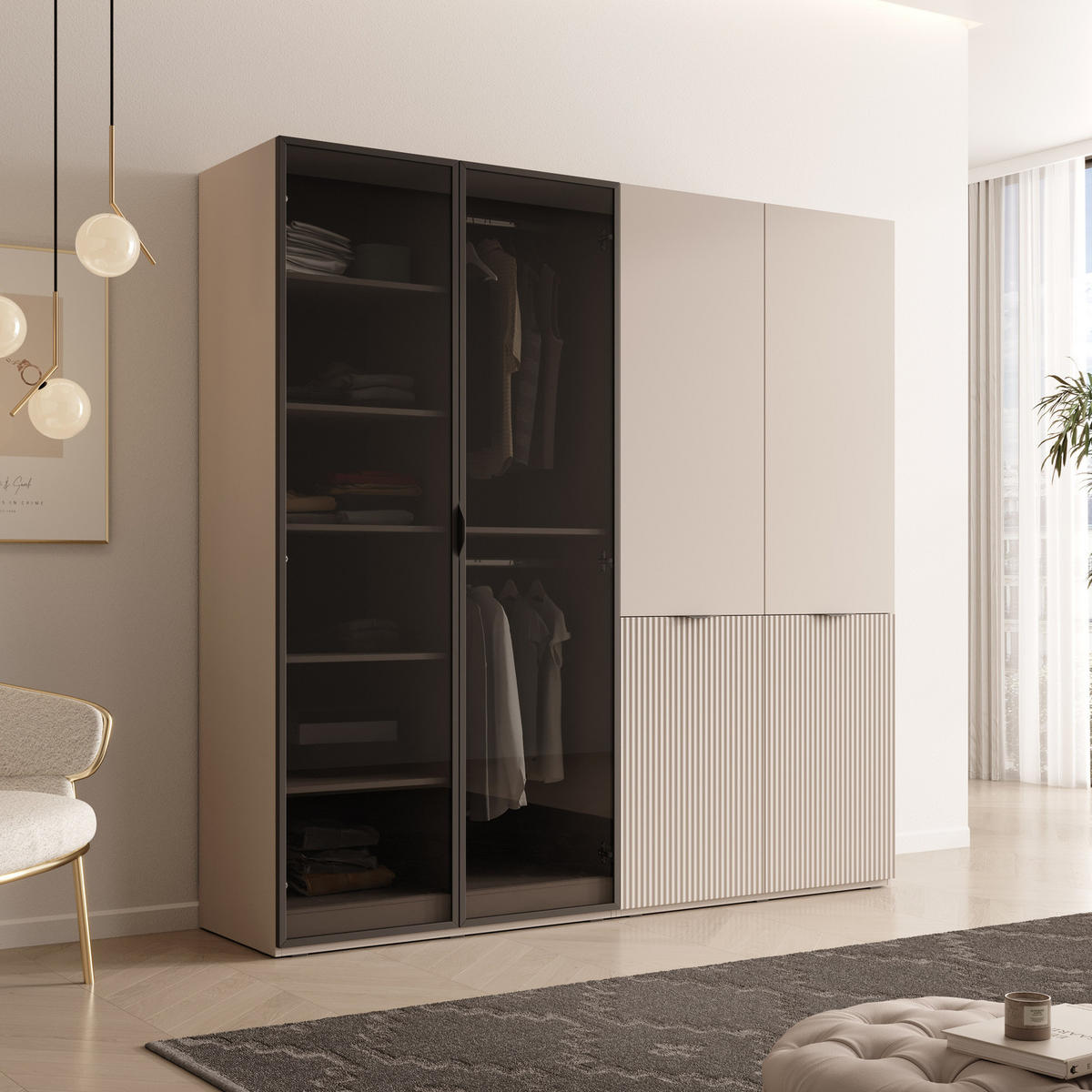 KLEIDERSCHRANK ZEN (Modular, Cashmere Matt, Cashmere & Getöntes Glas Antisol, 4-türig) - Kaschmir/Schwarz, Holz/Holzwerkstoff (202/200/51cm) - Ravio