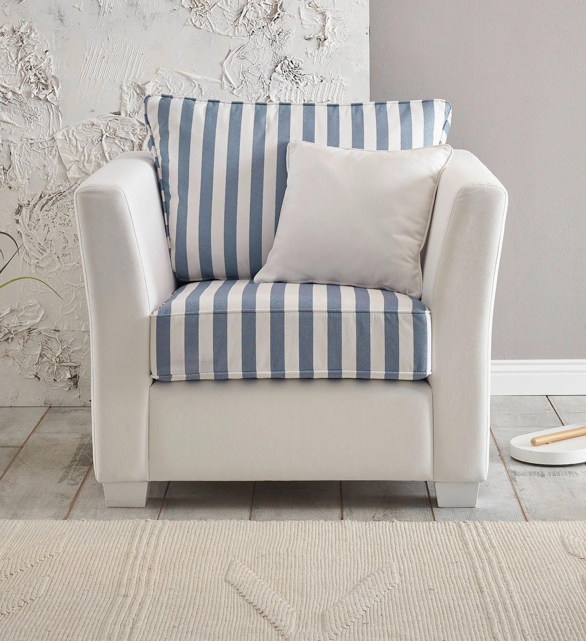 SESSEL creme blau gestreift, Landhaus 95 cm, Loungesessel für das Wohnzimmer inklusive Kissen - Blau/Creme, Holz/Textil (95/88/96cm) - Furn.Design