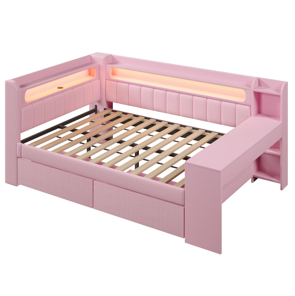 TAGESBETT 140/200 cm mit LED-Beleuchtung, USB-Anschluss, Schreibtisch und 2 Schubladen, Rosa - Rosa, Holzwerkstoff (140/200cm) - Redom