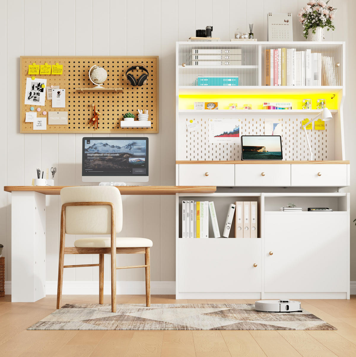 BUFFETSCHRANK 137/45/178 cm, Weiß mit Holzoptik-Tischplatte, Acryl-Schiebetür und ausziehbarer Tischplatte, LED-App-Steuerung - Goldfarben/Weiß, Holzwerkstoff/Metall (137/178/45cm) - Redom