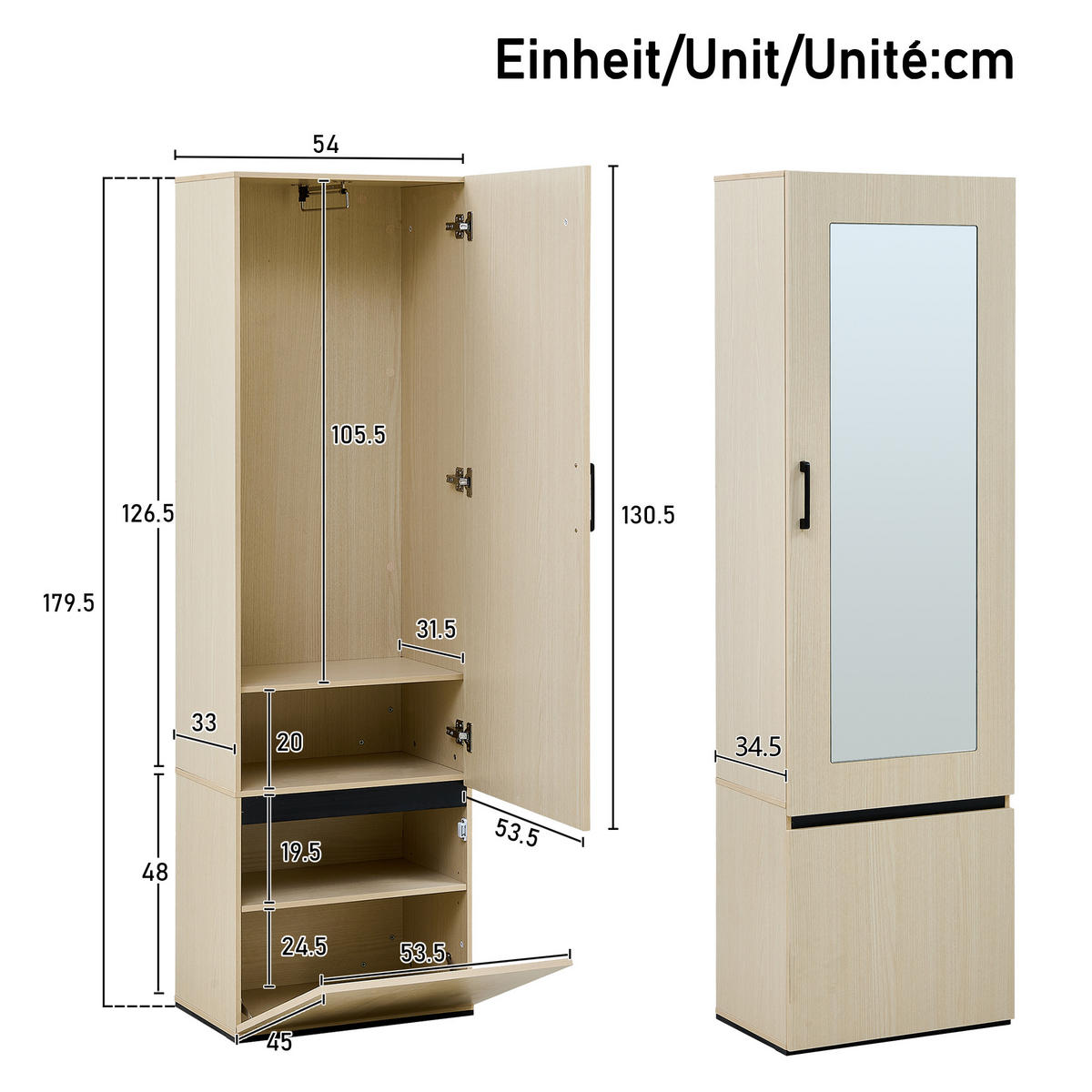 GARDEROBE-SET Spiegel Sitzbank Schuhablage Kleiderstange 4 Haken - Naturfarben, Holzwerkstoff (595/179.5/345cm) - FLIEKS