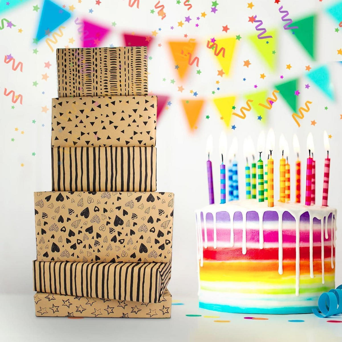 GESCHENKPAPIER Set 5-teilig mit Anhängern und Garn - Multicolor, Papier (50/50/70cm)