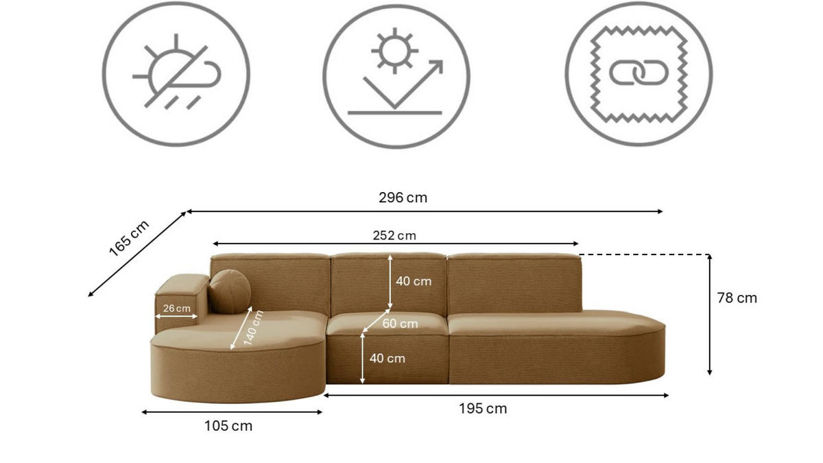 GARTENECKSOFA L-Form Garten Modena L Patio Capucino Links - Cappuccino, Holz/Textil (165/78/296cm) - Kaiser Möbel