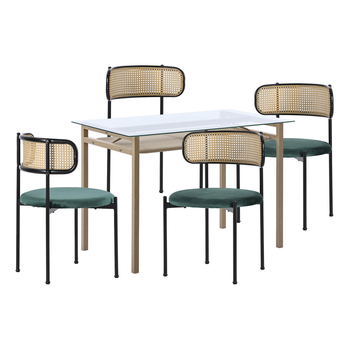 ESSTISCH SET mit Esstisch aus Glas und 4 Rattan stühle - Grün, Glas/Textil (110/74/65cm) - Urban Meuble