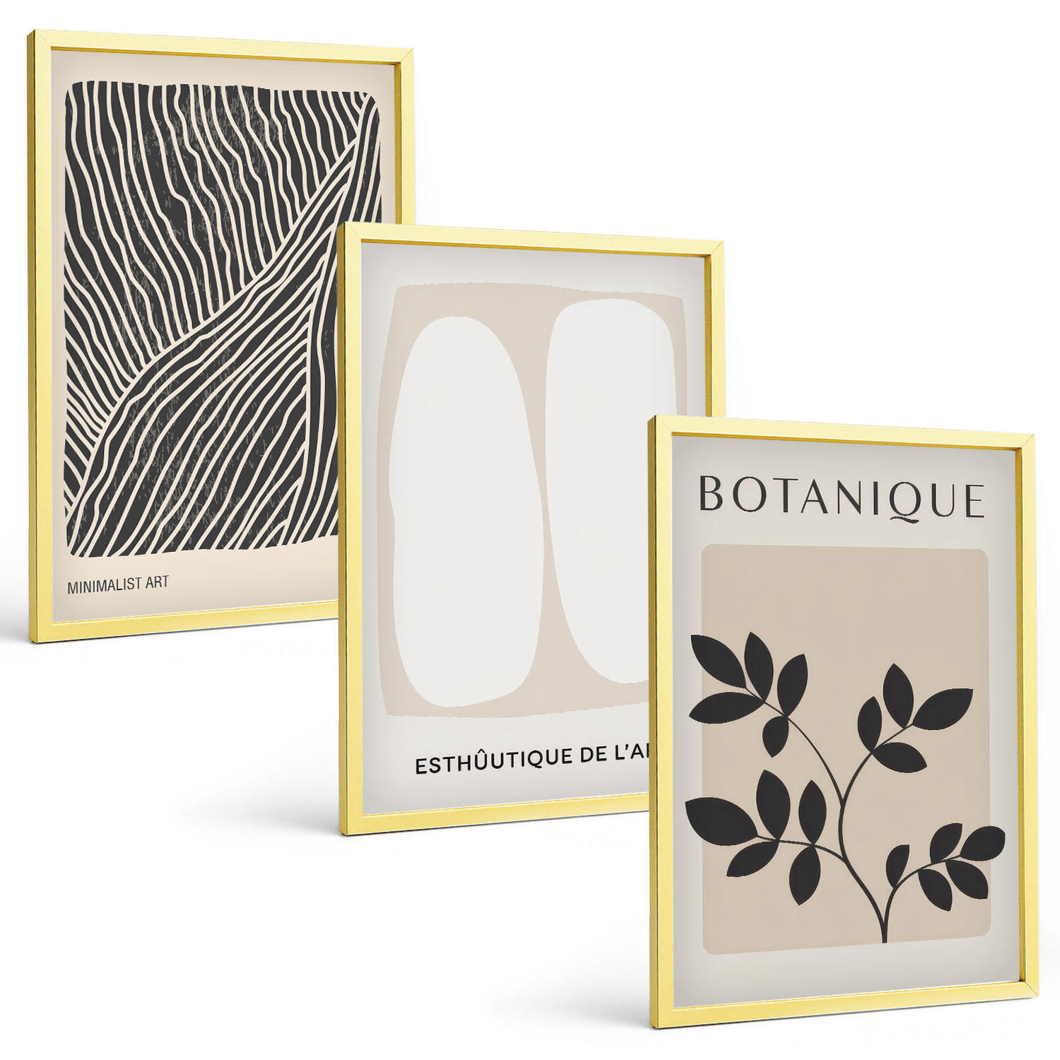 BILDER SET 3er Set - 40x60 cm Goldrahmen - Pflanzenmuster und Linien - Goldfarben, Kunststoff (40/60cm) - TULUP