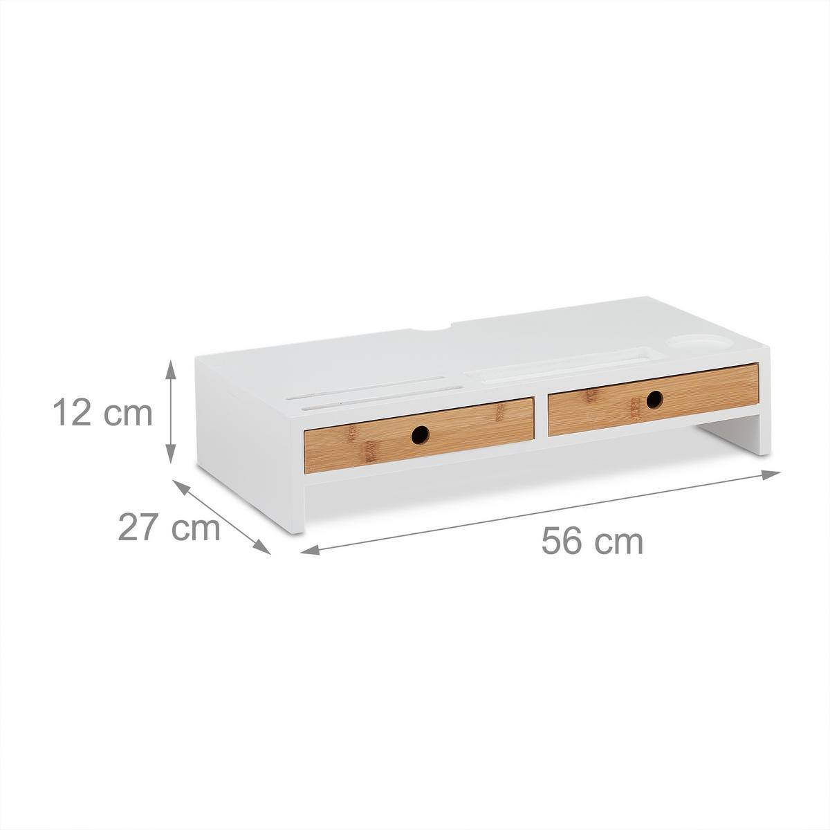 MONITORSTÄNDER Weiß Natur 2-Schubladen 12x56x27 cm - Multicolor, Holz/Holzwerkstoff (27/56/12cm) - Relaxdays