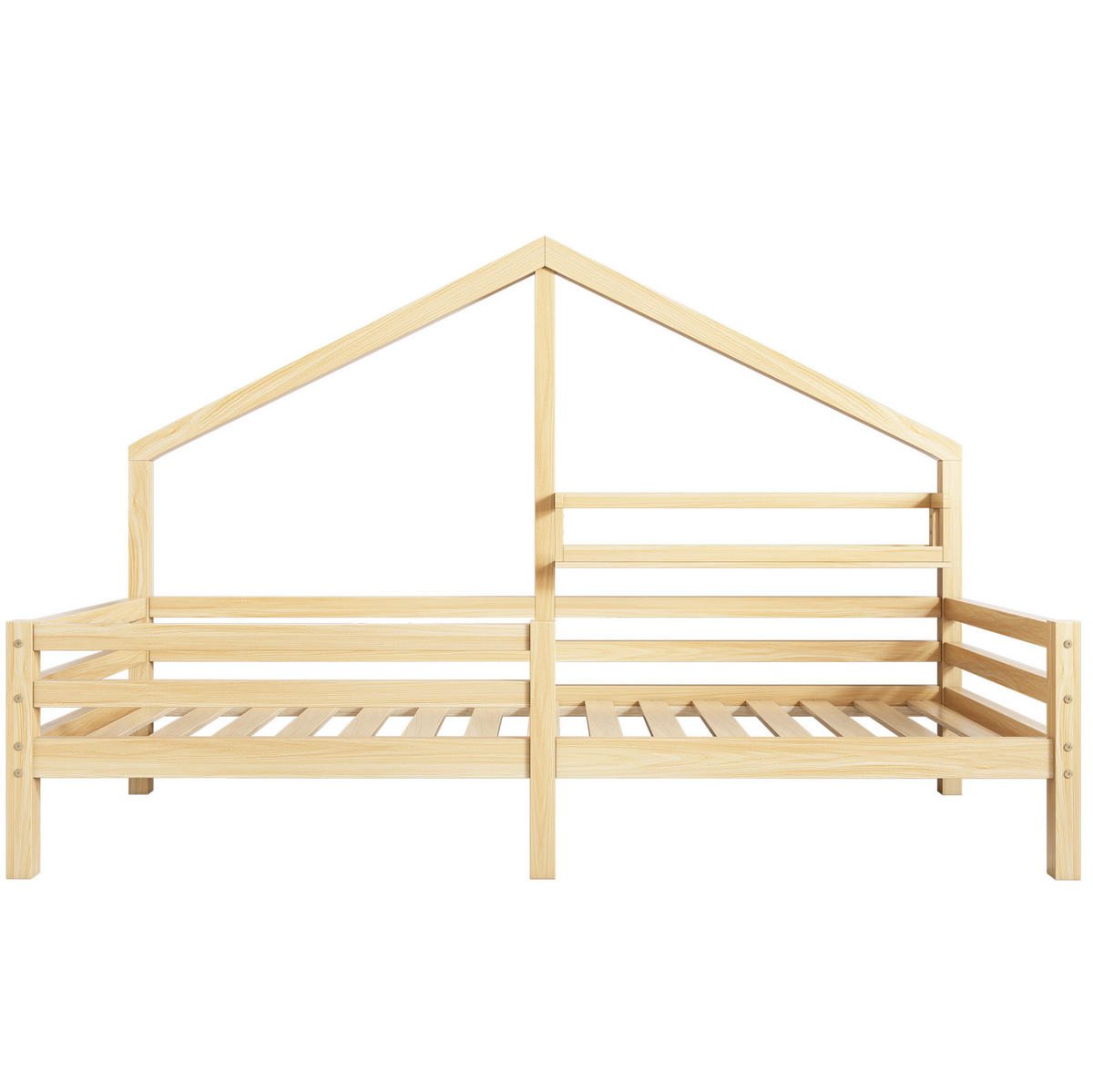 KINDERBETT 90/200 cm mit Bücherregal, Hausform aus Kiefernholz mit Schutzzaun, Natur - Naturfarben, Holzwerkstoff (90/200cm) - Redom