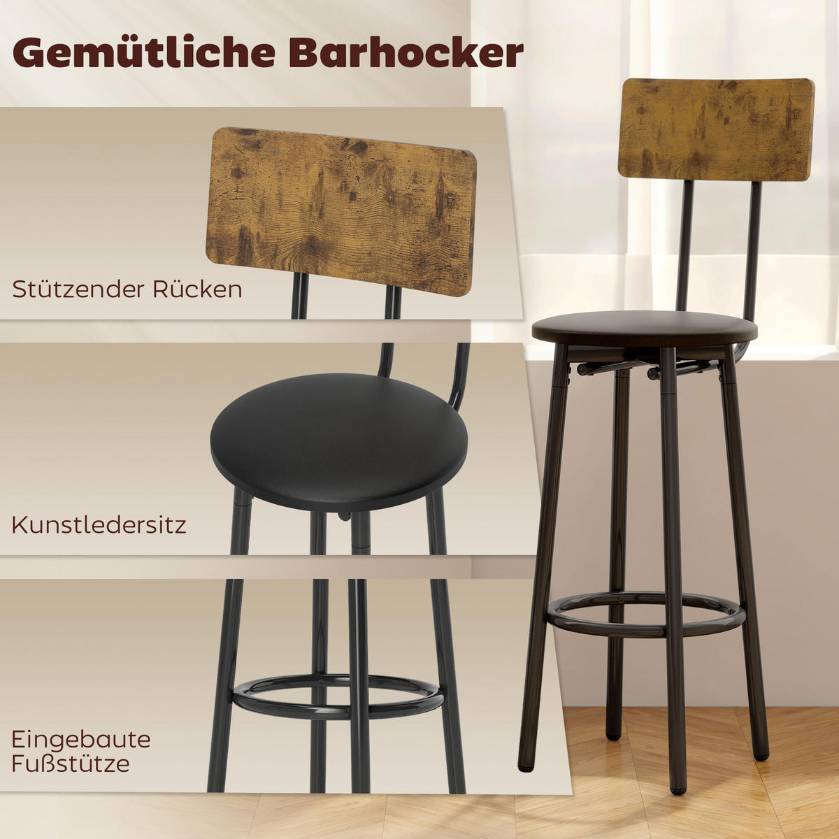 BARTISCH mit 2 Gepolsterten Stühlen mit Fußstütze, Rückenlehne, Rustikal-Braun - Braun, Holzwerkstoff (60/91/60cm) - HOMCOM