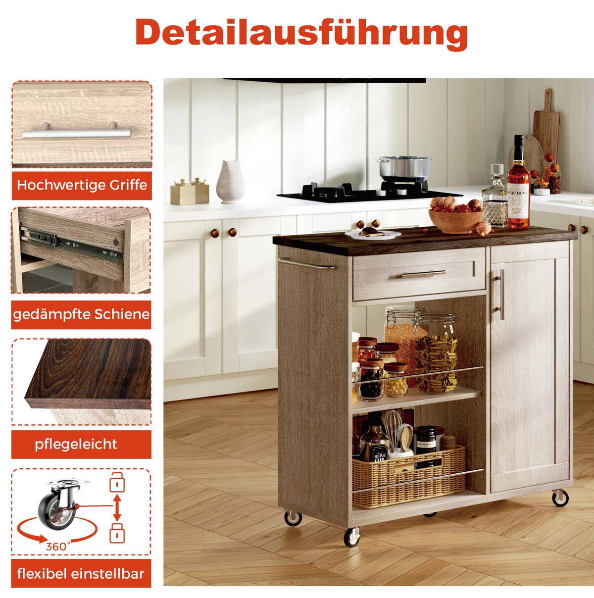 KÜCHENWAGEN mit Schublade 90 x 62 x 90 cm MDF Natural - Naturfarben, Holz (40/89.5/96cm) - Beauniv