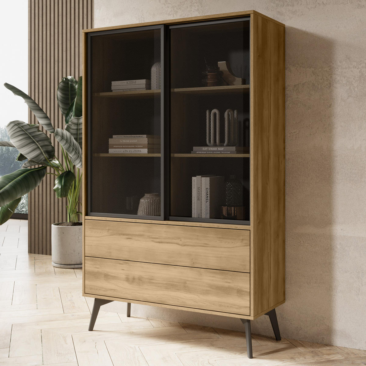 VITRINE MOTTI WSZ100 100 cm (Barock Eiche, Glastüren, Push to Open, Schwarze Details) - Eichefarben/Schwarz, Glas/Holz (100/165/39cm) - Ravio