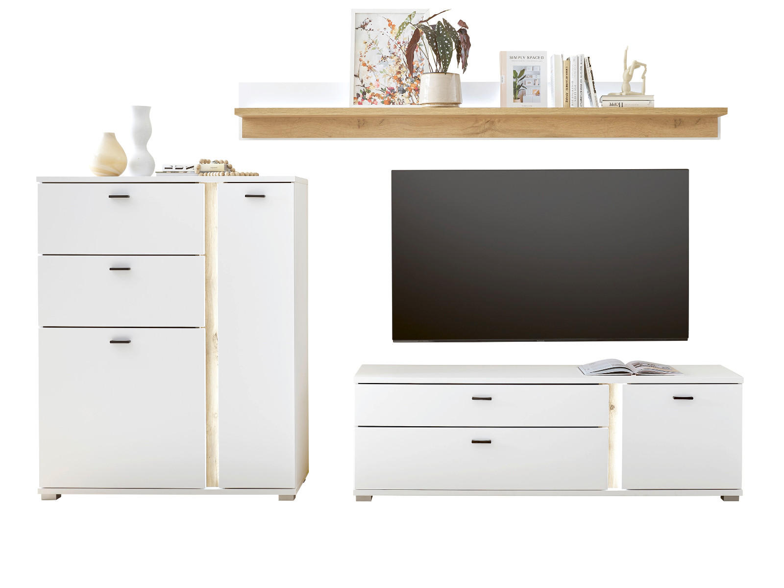 WOHNWAND weiß matt, Wotan Eiche, Wohnkombination inklusive Frontbeleuchtung 260 cm - Eiche Wotan/Weiß, Holzwerkstoff/Metall (260/170/42cm) - Furn.Design