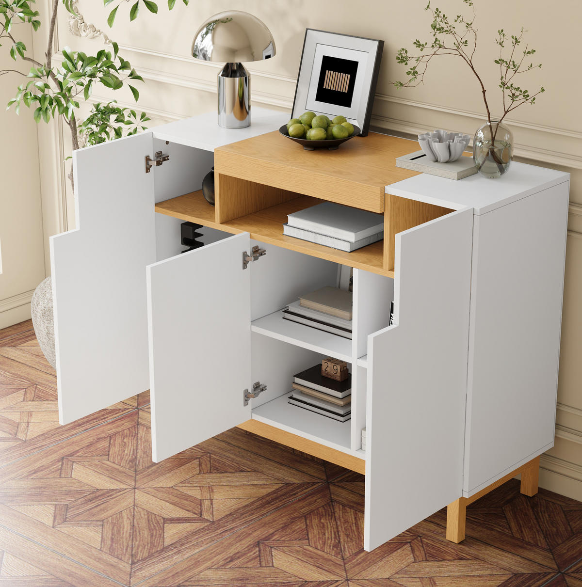 SIDEBOARD 120,5/42/96 cm mit 3 Türen, offenem Mittelfach und Stauraum aus Spanplatte, Weiß - Weiß, Holzwerkstoff (120.5/96/42cm) - Redom