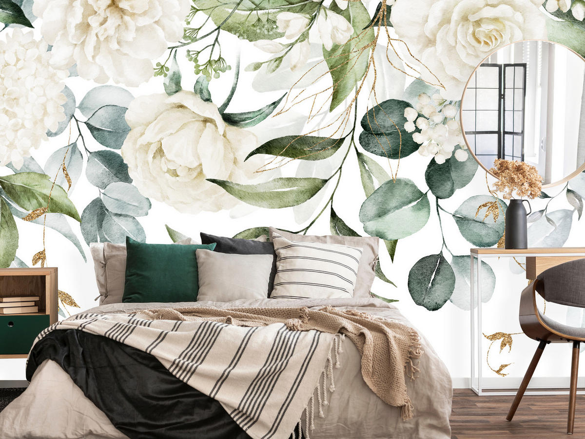 FOTOTAPETE für Schlafzimmer Aquarell Weiße Blumen Pfingstrosen Blätter Natur 450x315 - Creme/Weiß, Papier (450/315cm) - Muralo